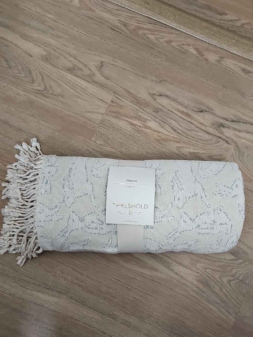 Threshold Cream Throw with Pale Blue Pattern and Fringe